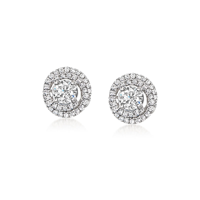 14kt white gold diamond swirl stud earrings with round halo and center stone