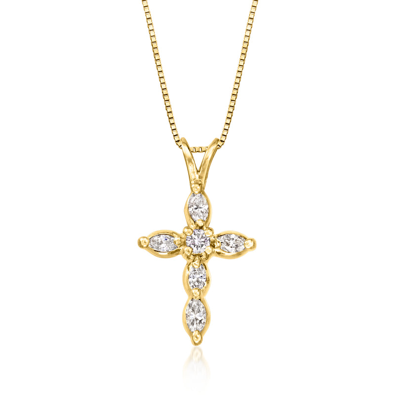 Vintage 14kt yellow gold diamond-accented cross pendant necklace, five-stone design
