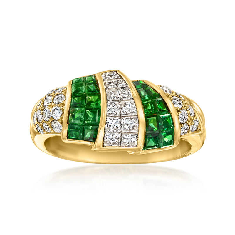18kt yellow gold ring with green tsavorite center and diamond pave side stones