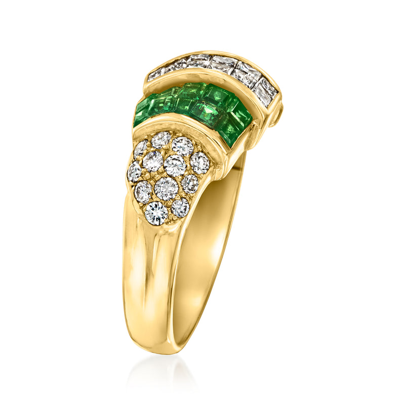 18kt yellow gold ring with green tsavorite center and diamond cluster shoulders