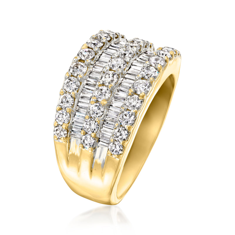 14kt yellow gold diamond multi-row ring with baguette and round stones, side view