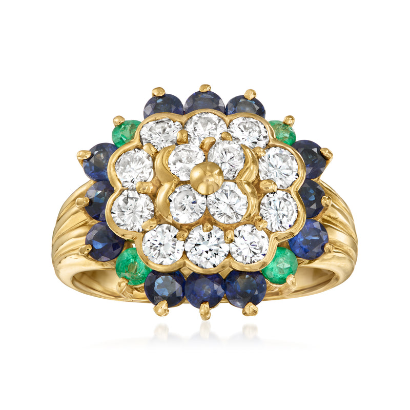 18kt yellow gold cluster ring with diamond center, sapphire and emerald accents