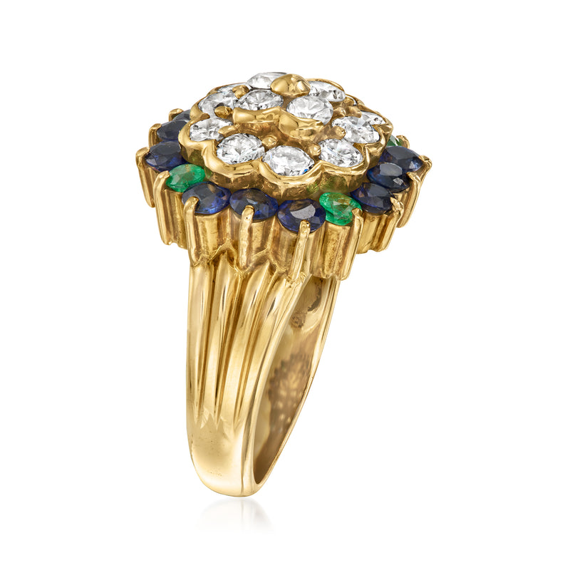 18kt yellow gold cluster ring, diamond top with blue sapphire and green emerald stones
