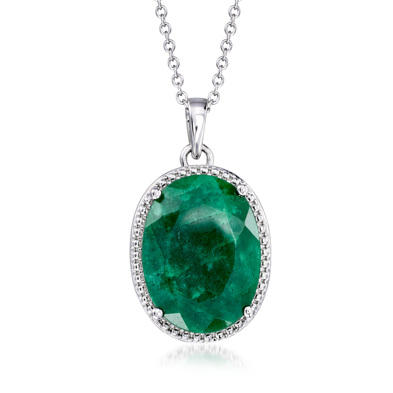 Sterling silver oval emerald pendant necklace with green gemstone halo and chain