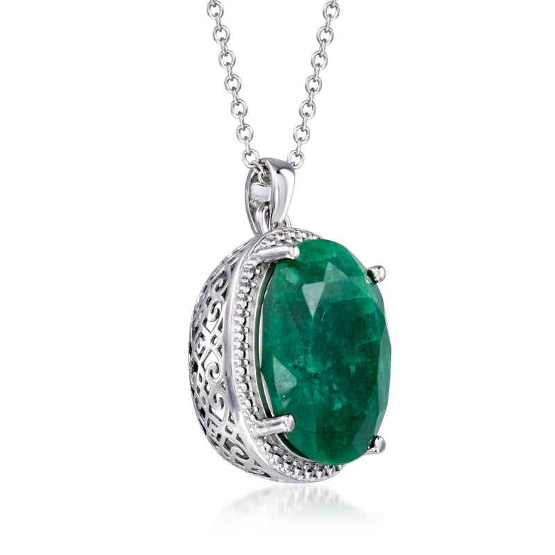 Sterling silver oval emerald pendant with openwork side frame and green gemstone