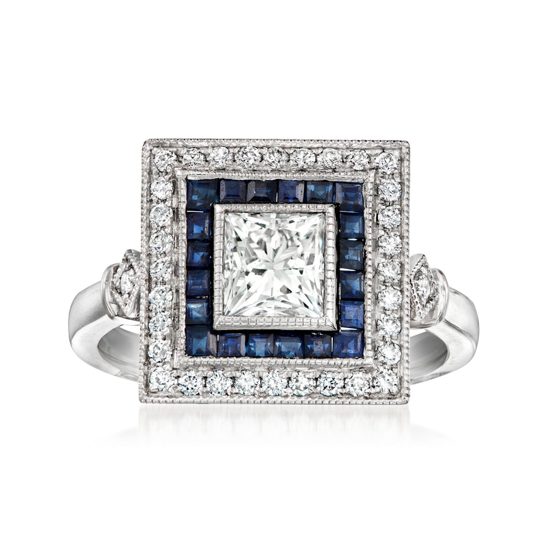 Platinum square ring with center diamond, sapphire halo, and diamond pavé border
