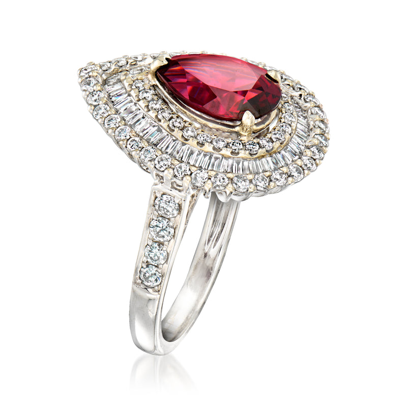 Vintage garnet and diamond ring in white gold with marquise red center stone