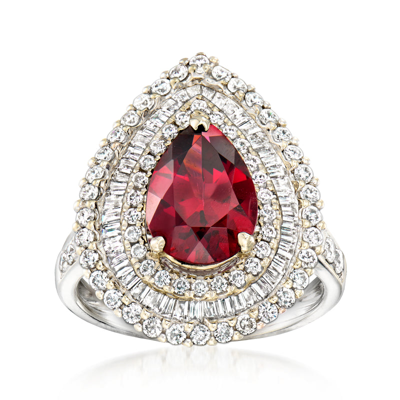 Pear-cut red garnet ring with diamond halo in 18kt white gold