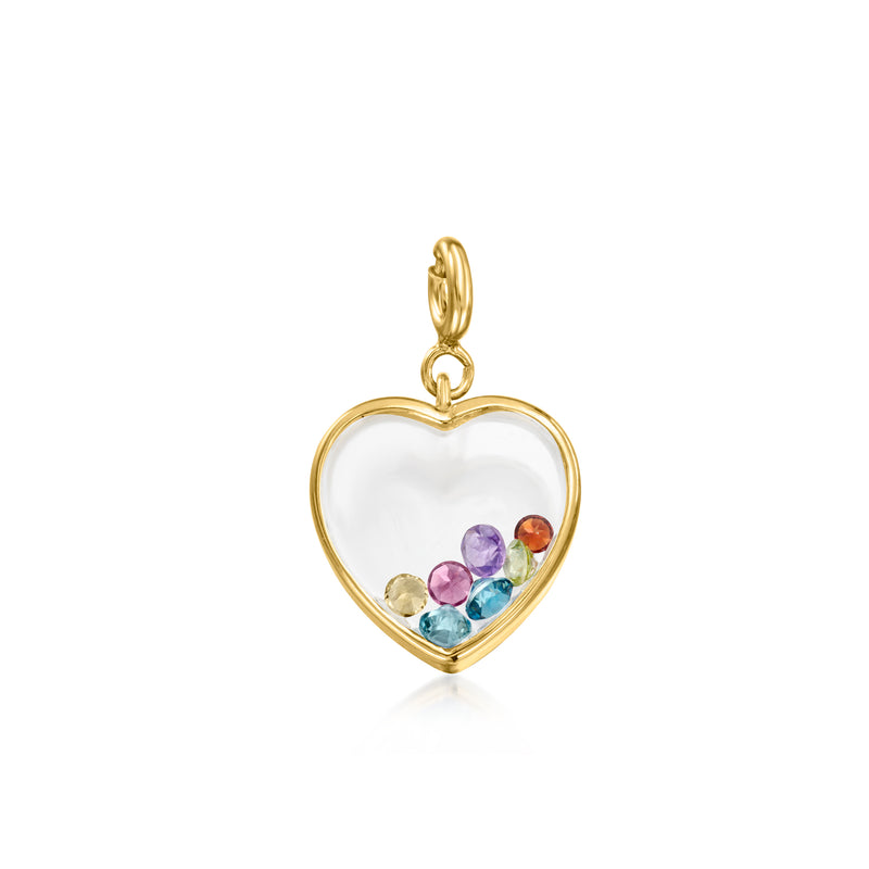 Gold heart charm with multicolor gemstones—pink, blue, purple, and green accents