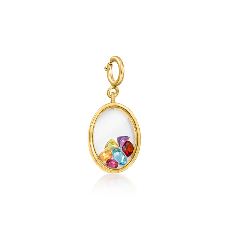 Gold over sterling oval charm with multicolor gemstone glass insert, hanging bail