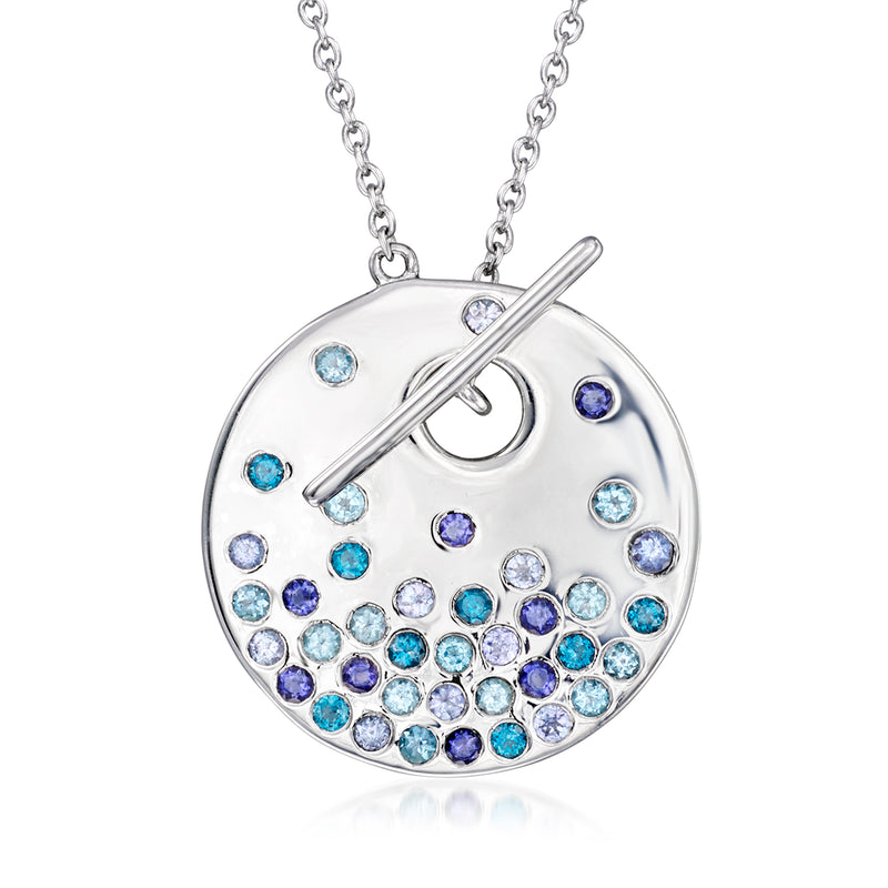 Sterling silver round toggle pendant with blue and clear scattered gemstones