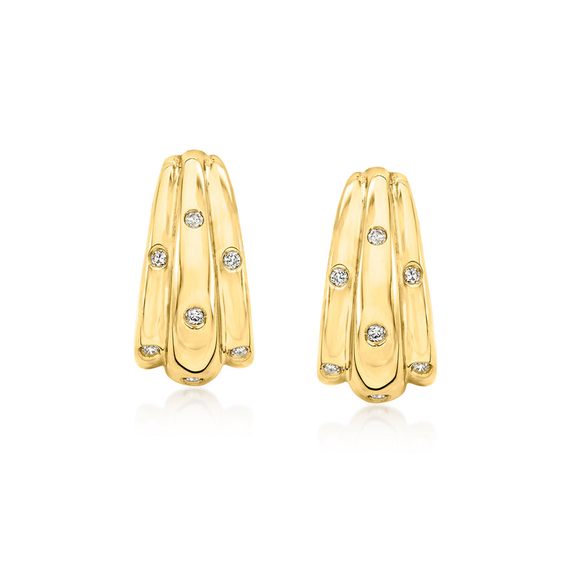 Curved 18kt yellow gold clip/post earrings with round diamond accents, set in three rows