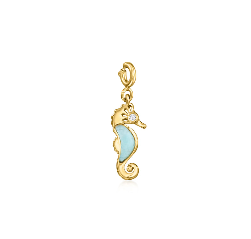 Gold over sterling seahorse charm with larimar and white topaz accent