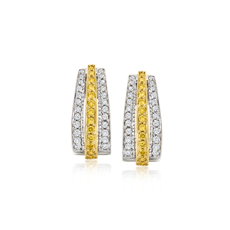 Curved diamond earrings in two-tone gold with yellow center and white diamond sides