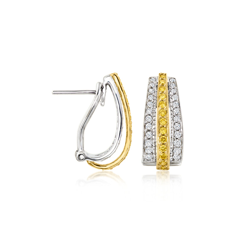 Two-tone gold diamond hoop earrings with post back; curved yellow center and white rows