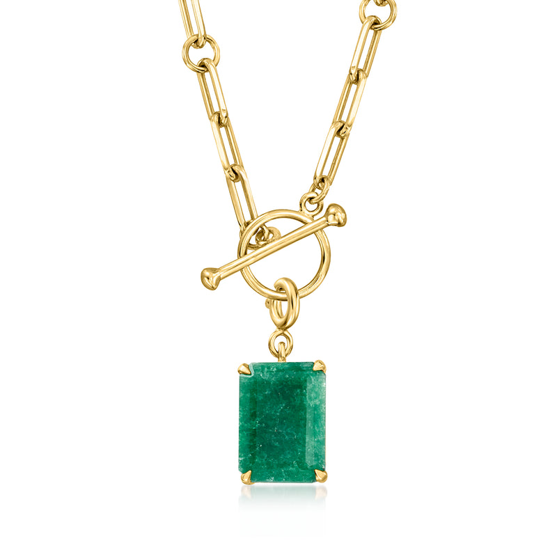 Gold chain necklace with dangling emerald green rectangular charm