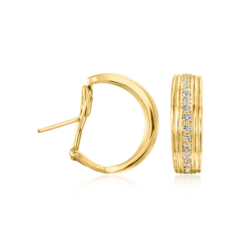 18kt yellow gold curved diamond hoop earrings, side and front views