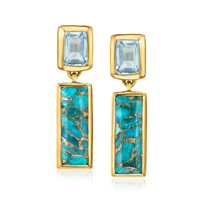 Turquoise and sky-blue topaz drop earrings in gold over sterling, rectangular stones