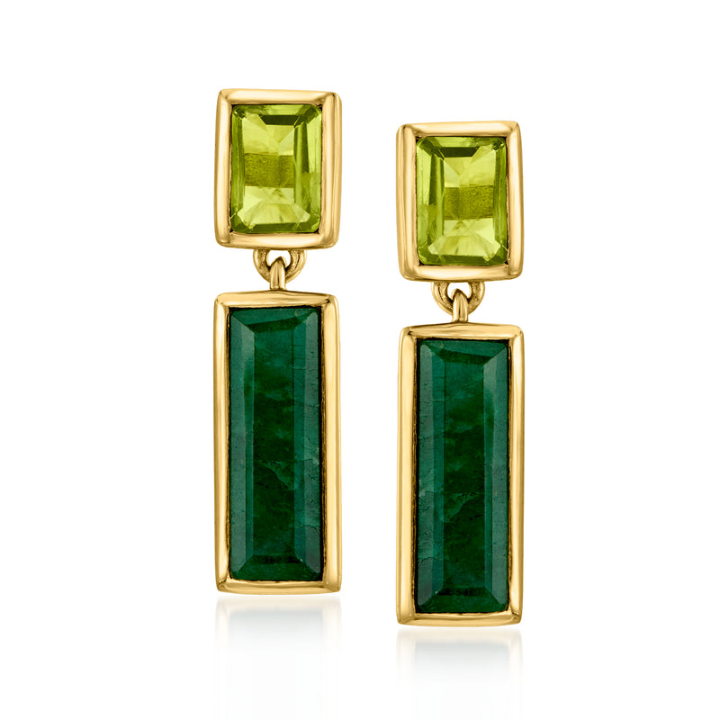 Gold-tone drop earrings with light green peridot top and dark green emerald bar
