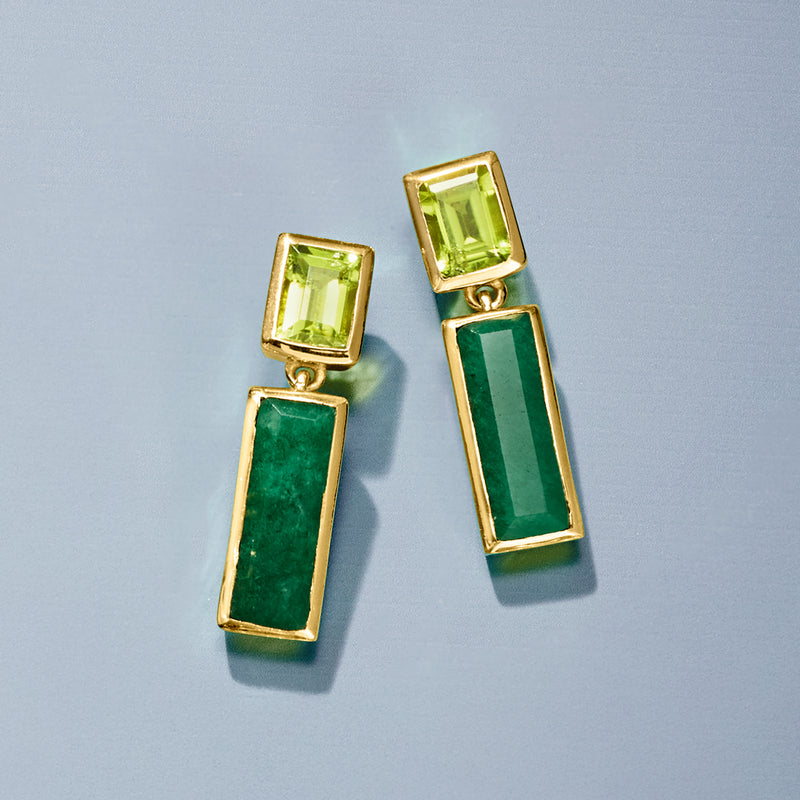 Gold-tone drop earrings with square light green stones and dark green rectangular stones
