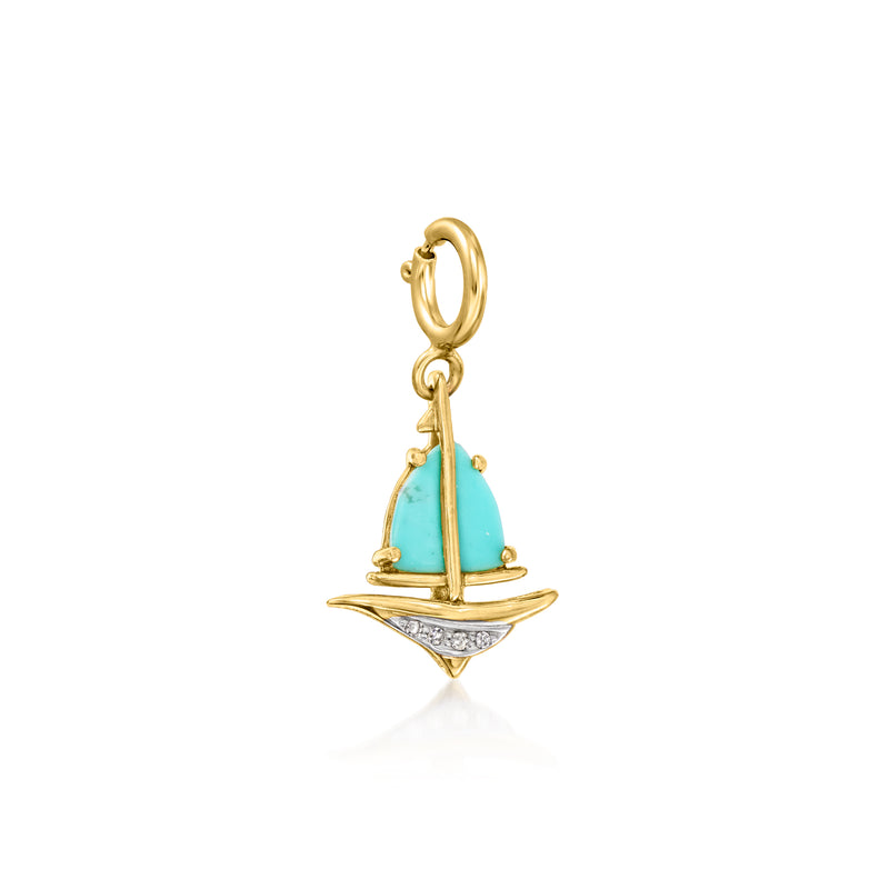 Gold sailboat charm with turquoise sail and diamond-like accents