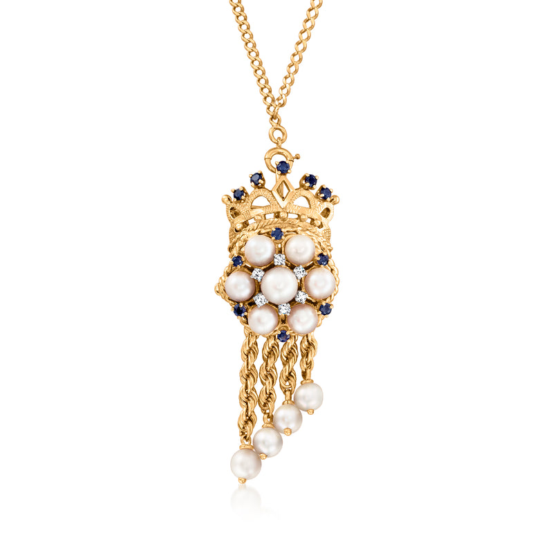 Gold-tone pearl and sapphire pendant necklace with crown top and dangling pearl drops