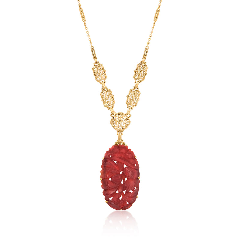 14kt yellow gold necklace with carved red carnelian heart pendant and ornate station links