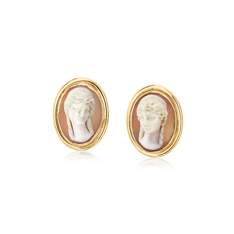 14kt yellow gold oval cameo clip-on earrings with white profile in brown background