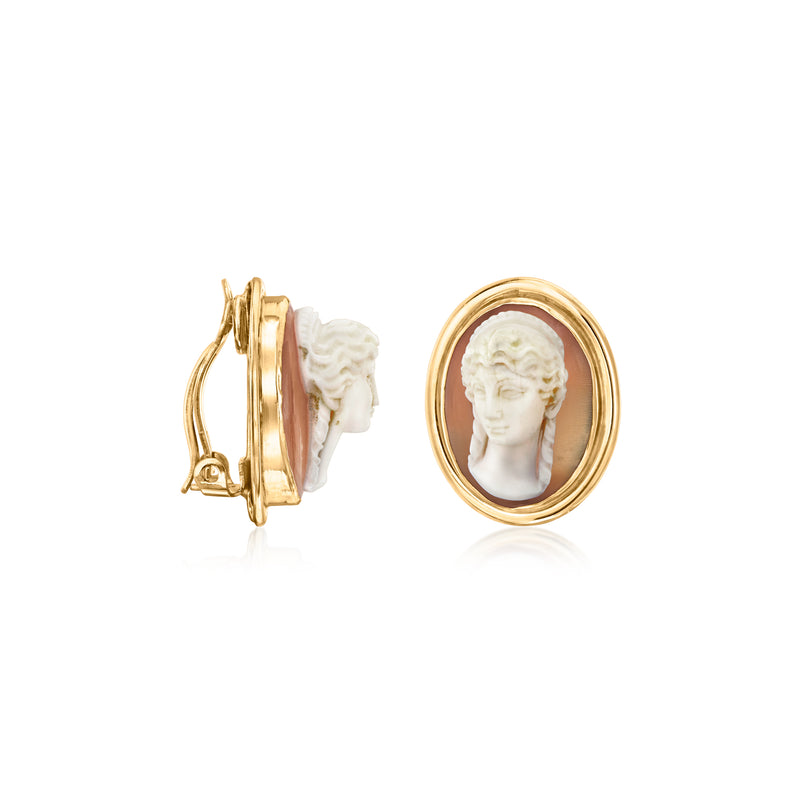 14kt yellow gold oval cameo clip-on earrings, side view shows hinged clip back