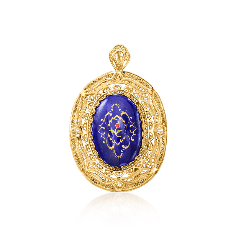 Vintage 14kt yellow gold filigree enamel flower pendant with blue oval center