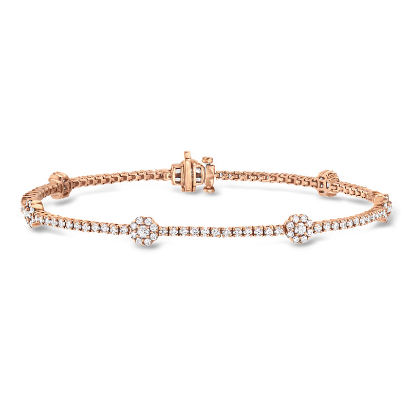 Rose gold diamond tennis bracelet with flower stations and clasp detail