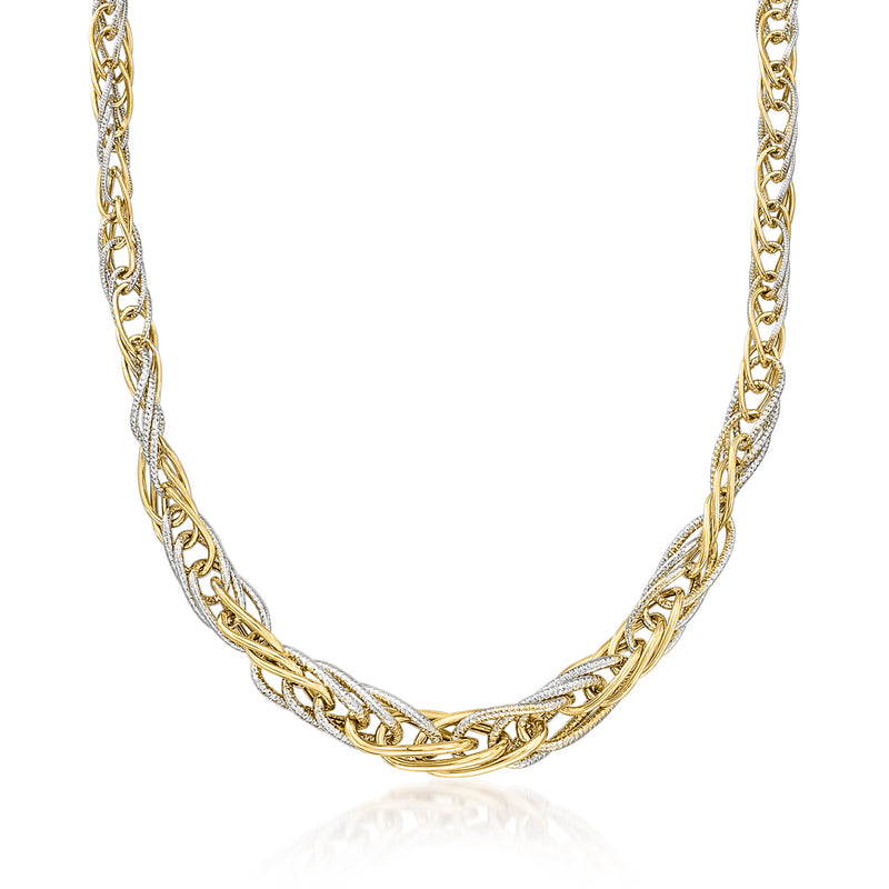 Vintage 14kt two-tone gold fancy link necklace, twisted chain with alternating gold tones