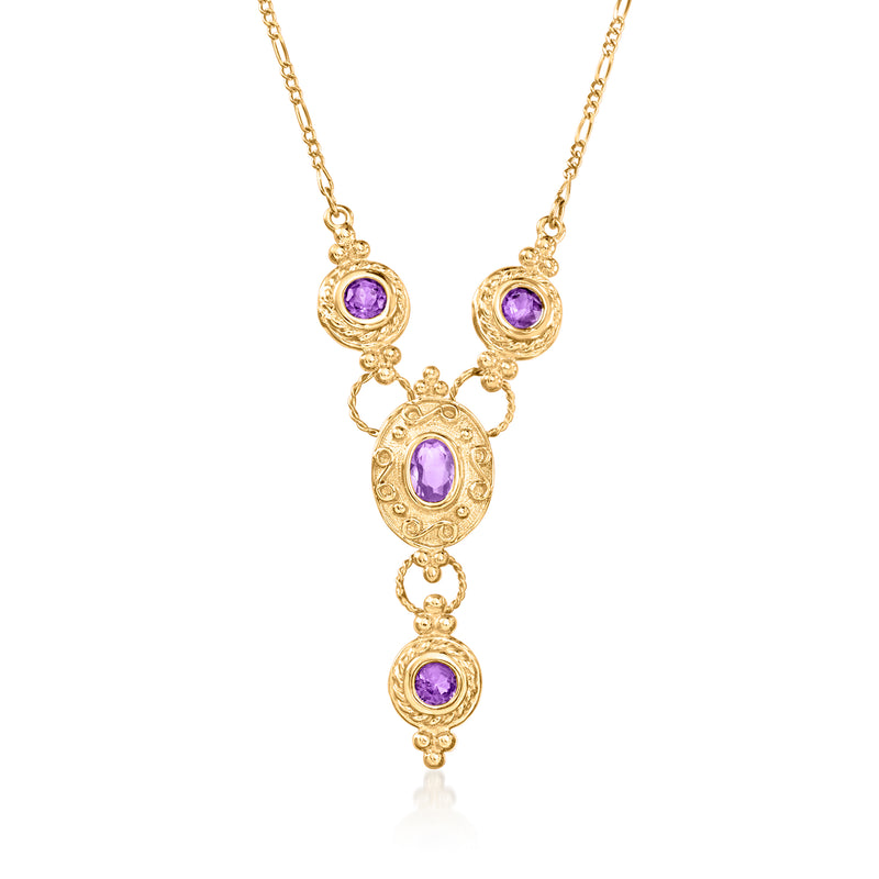 14kt yellow gold amethyst drop necklace with round purple gemstone pendants