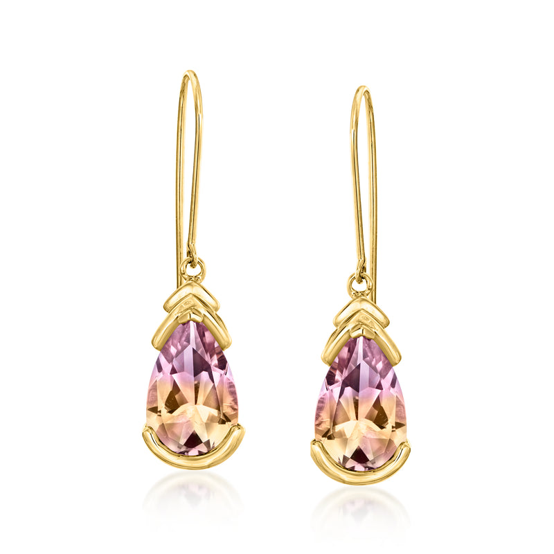 14kt yellow gold ametrine drop earrings with pear-cut purple gemstone drops