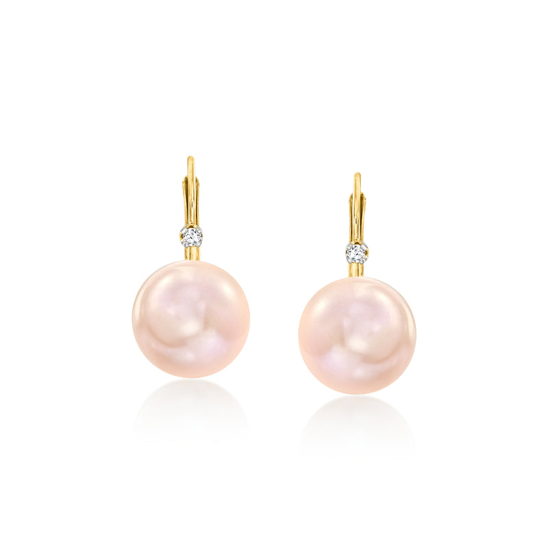 Pink cultured pearl leverback earrings with small diamond accents in yellow gold