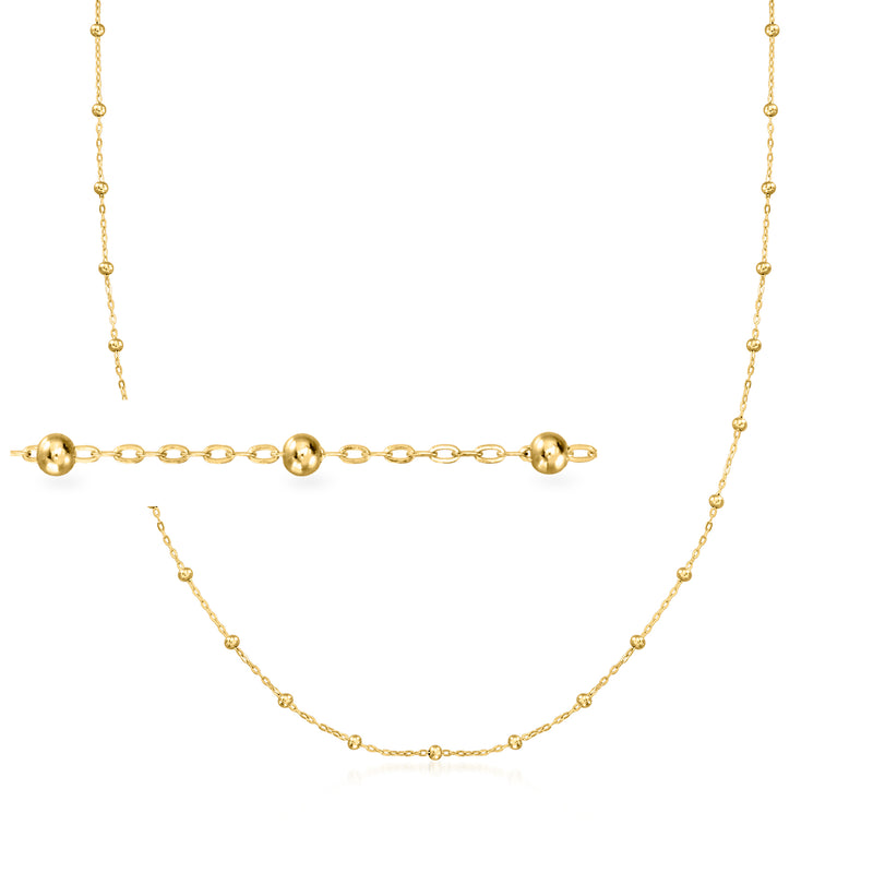 Yellow gold bead station necklace with small round bead links and clasp