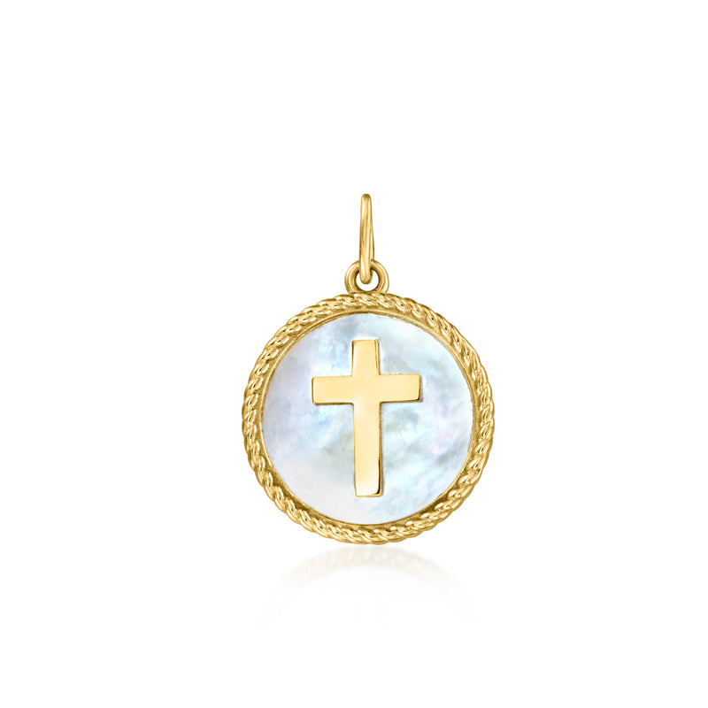 14kt yellow gold cross mother-of-pearl pendant charm with loop bail