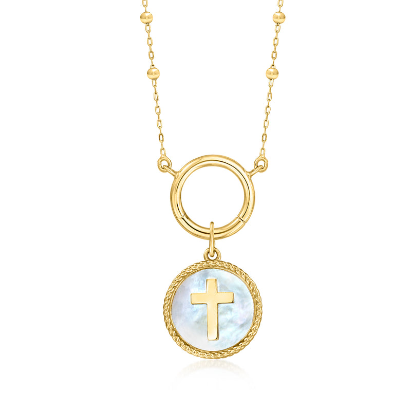 Round mother-of-pearl cross pendant charm in yellow gold hanging from chain