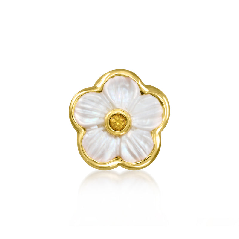Gold-tone flower bead charm with white mother-of-pearl petals and a yellow center