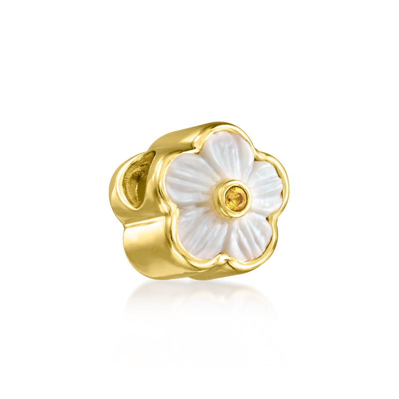 Gold-tone flower charm bead with white mother-of-pearl petals and yellow center