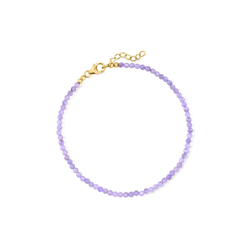 Lavender beaded tanzanite anklet with gold-tone clasp and adjustable chain