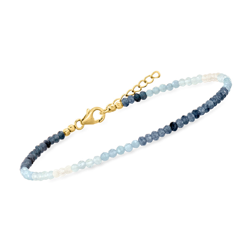 Two-tone blue quartz bead anklet with gold lobster clasp and extender chain