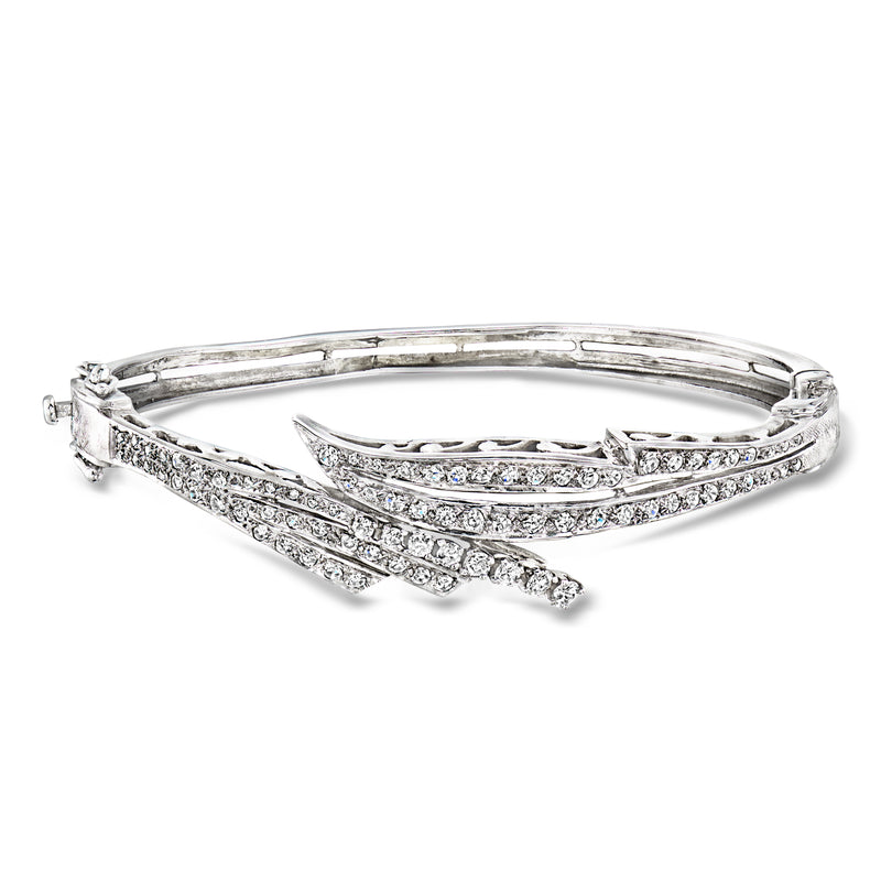 14kt white gold diamond bypass bangle bracelet with pave bands and V-shaped row