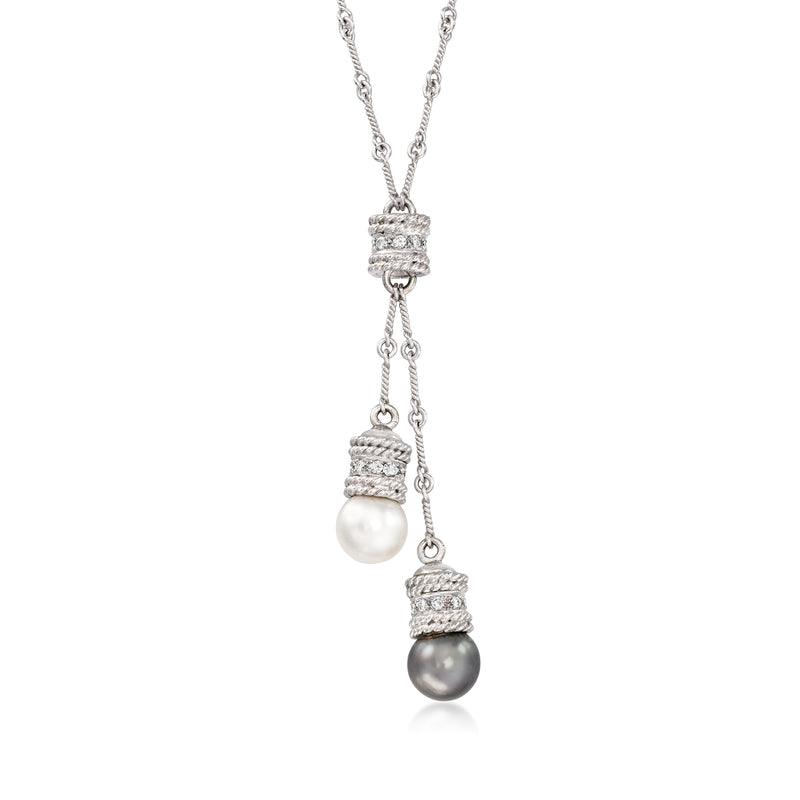 Cultured pearl drop necklace with white and dark pearls, diamond accents, white gold chain