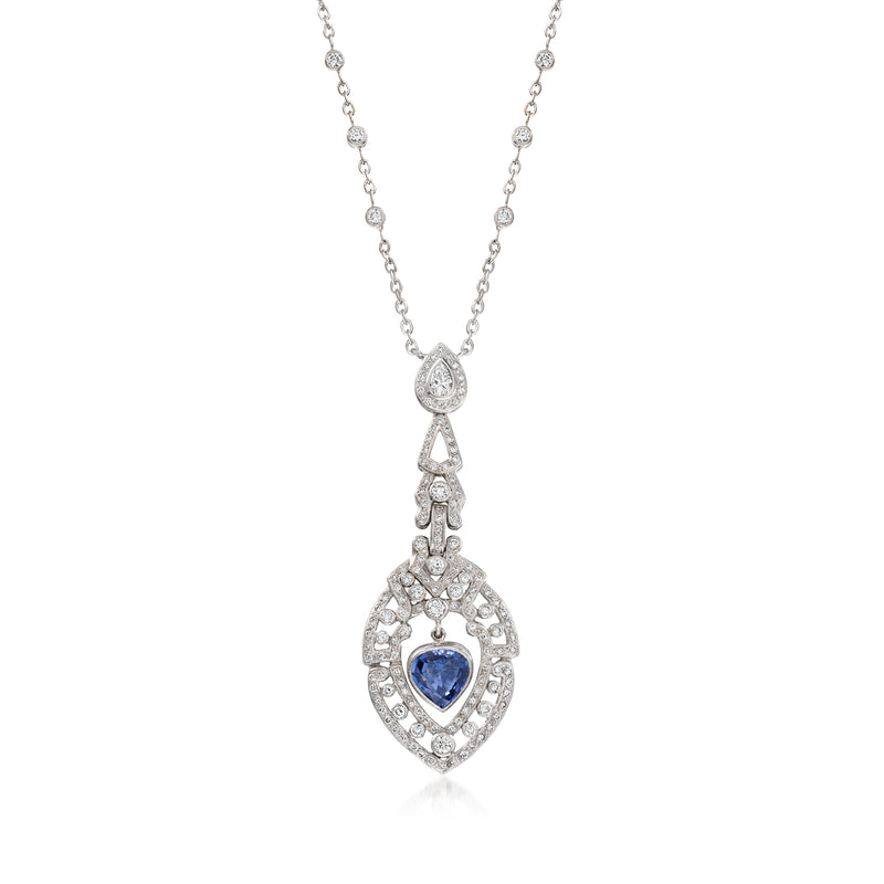 Vintage heart sapphire and diamond pendant necklace on white gold chain