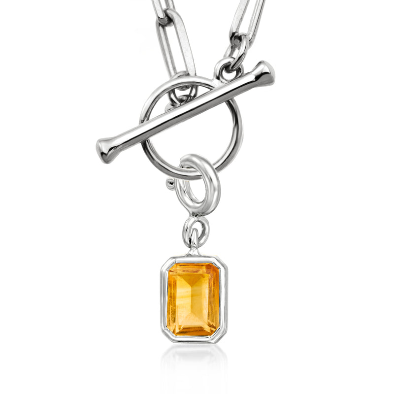 Sterling silver birthstone charm with emerald-cut golden amber stone, hinged hoop bail