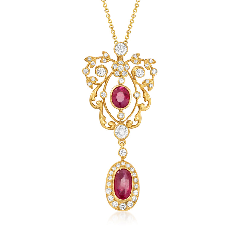 18kt yellow gold ruby and diamond drop pendant necklace, ornate filigree with oval ruby center.