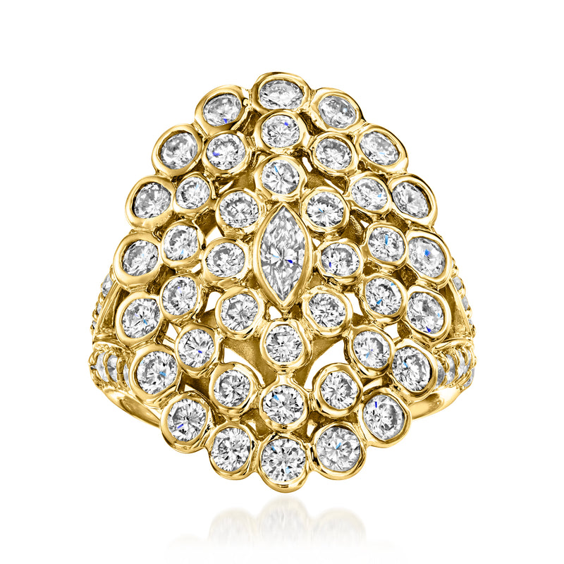 Vintage diamond cluster ring in 18k yellow gold with round stone halo, dome top