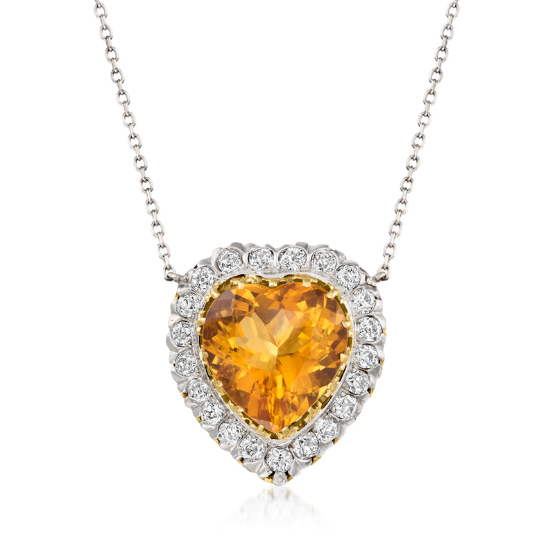 Heart-shaped yellow citrine pendant necklace with diamond halo and silver chain
