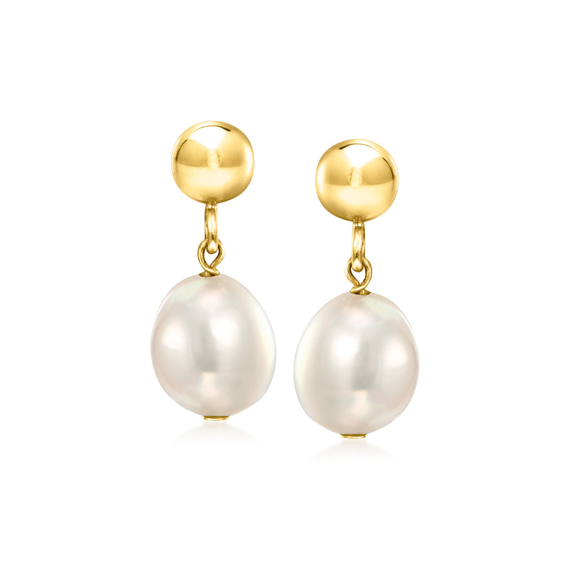 Yellow gold bead drop earrings with large white baroque pearls